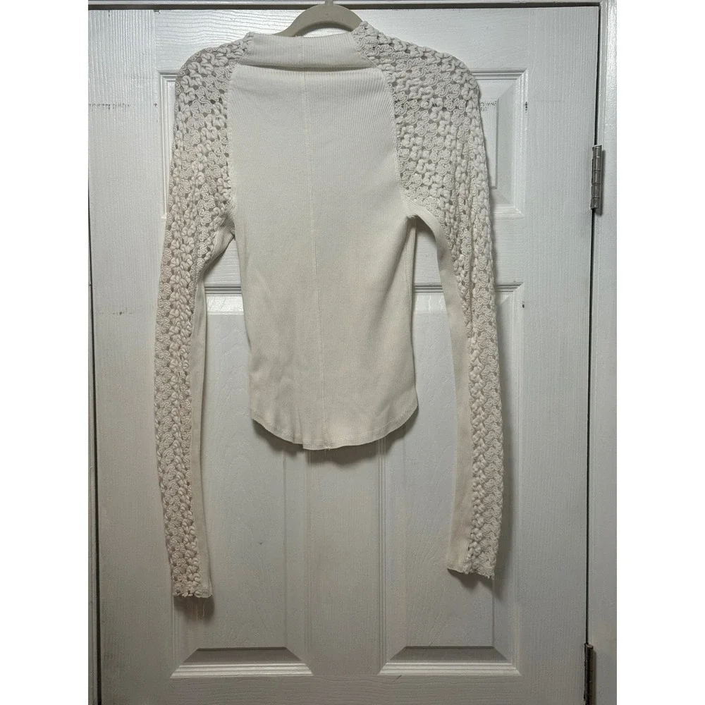 Free People White Long Sleeve Ribbed Top with Crochet Sleeves